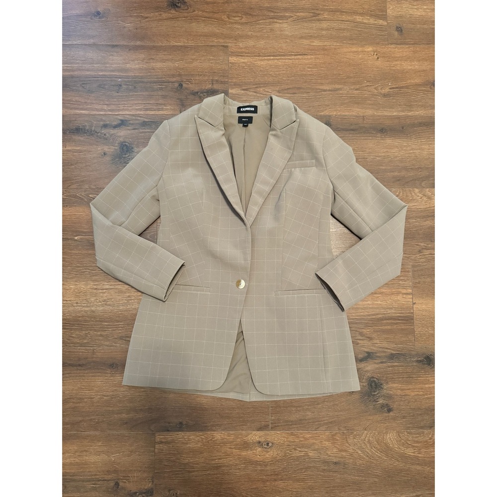 Express Supersoft Twill Windowpane Plaid Blazer Taupe Stretch Single Button S